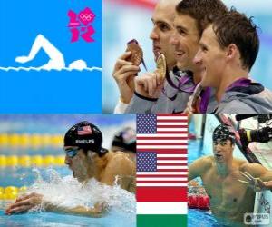 пазл Плавательный мужчины 200 метров комплексным плаванием, Майкл Фелпс, Райан Лохте (Соединенные Штаты) и Ласло Чех (Венгрия) - Лондон-2012-